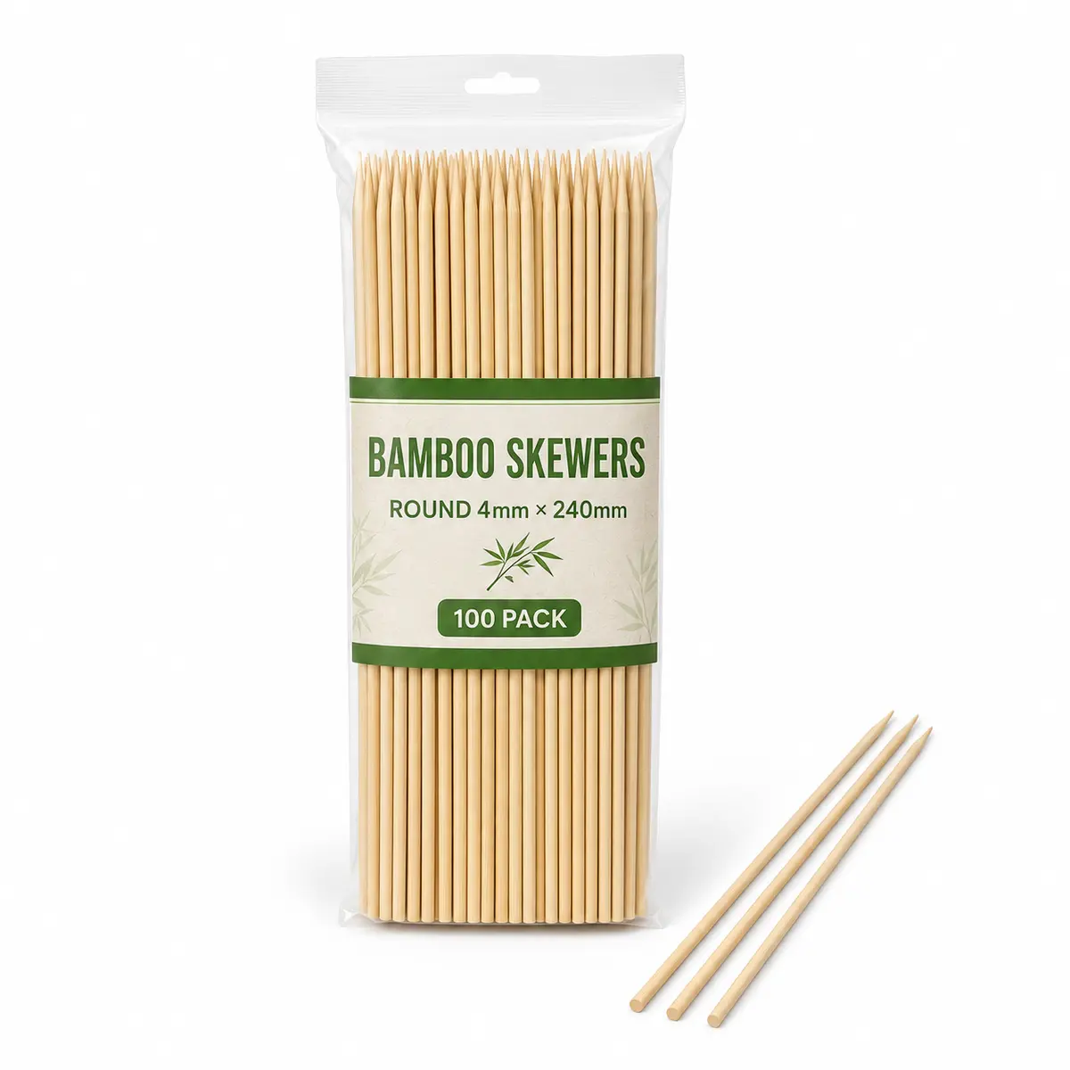 Bamboo Skewers Round - 4mm Diam. / 240mm L / 100 Pk